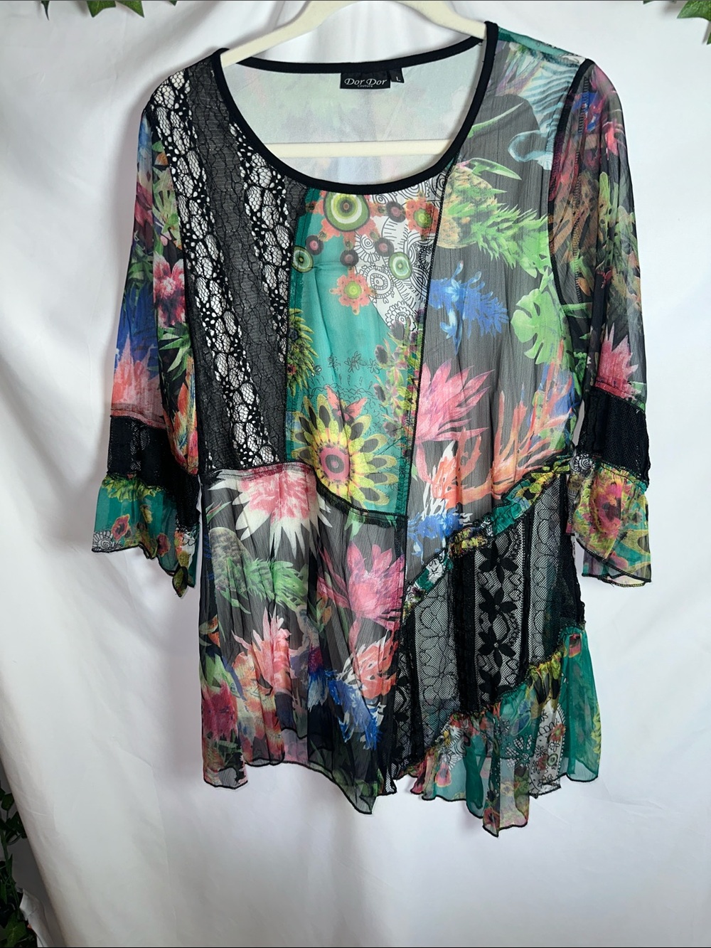 Dor-Dor couture Black Floral Lace Mixed Sheer Blouse
